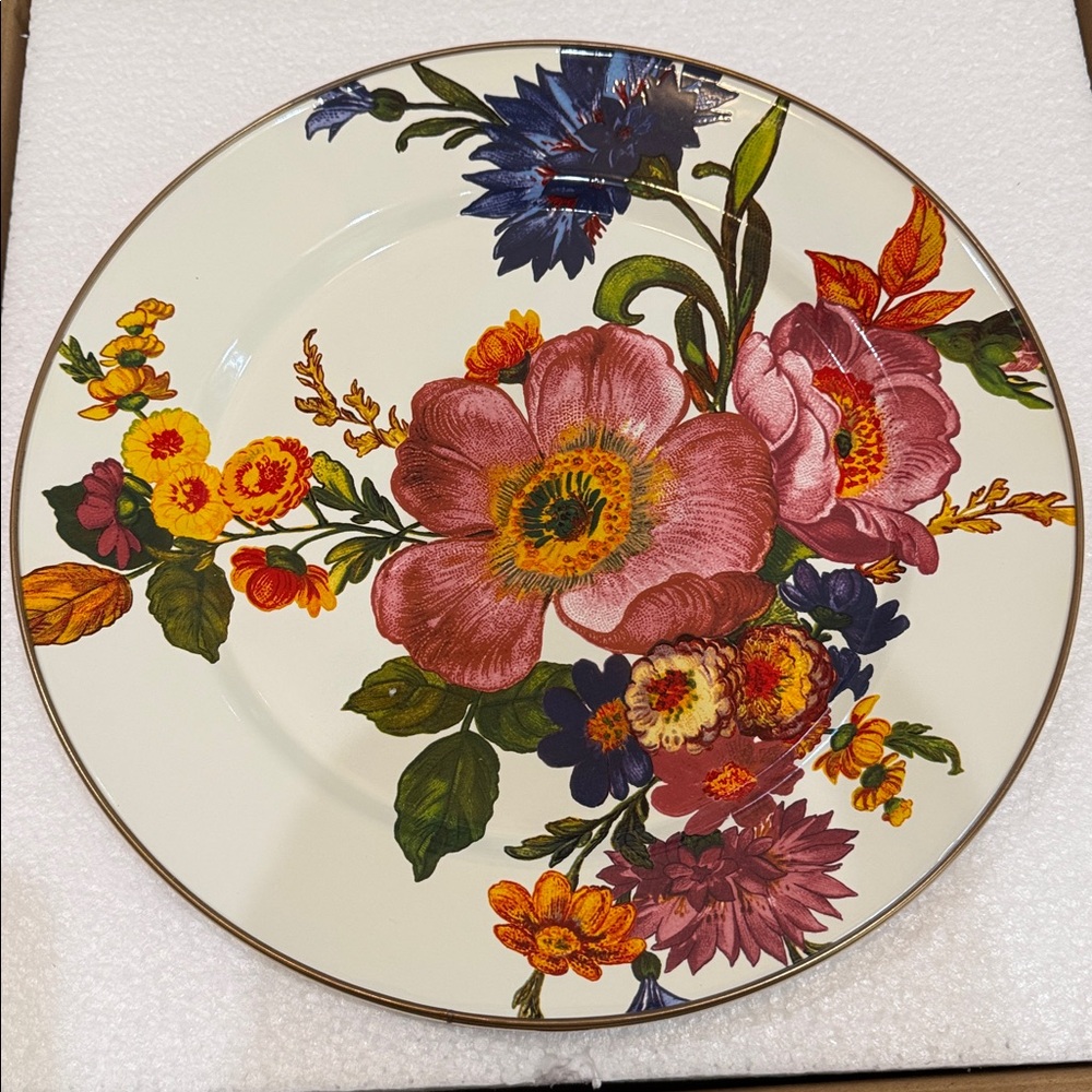 MacKenzie-Childs Floral Dinner Plate in Cream, Pink, Yellow, Blue, Green